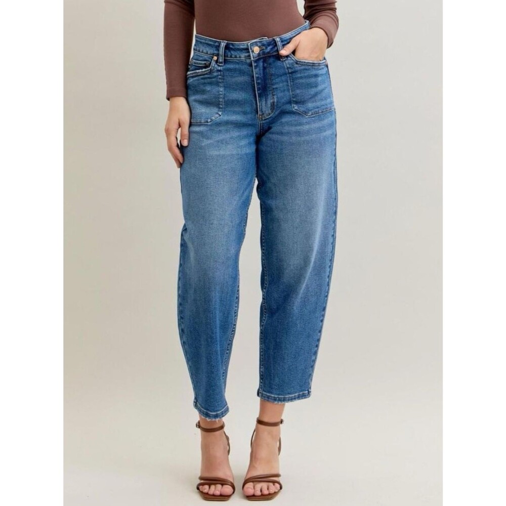 Judy Blue Barrel Jeans High Waist Stitch Thru Pocket Denim Size 11/30 Cropped